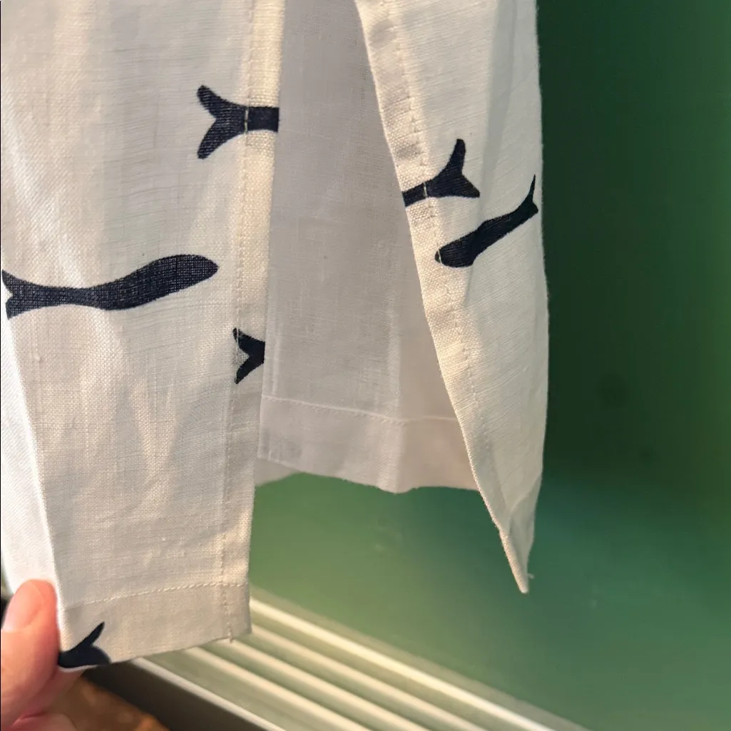 Talbots Linen Dress Womens XL White w/Navy Fish & Turquoise Beaded Neckline - Image 8