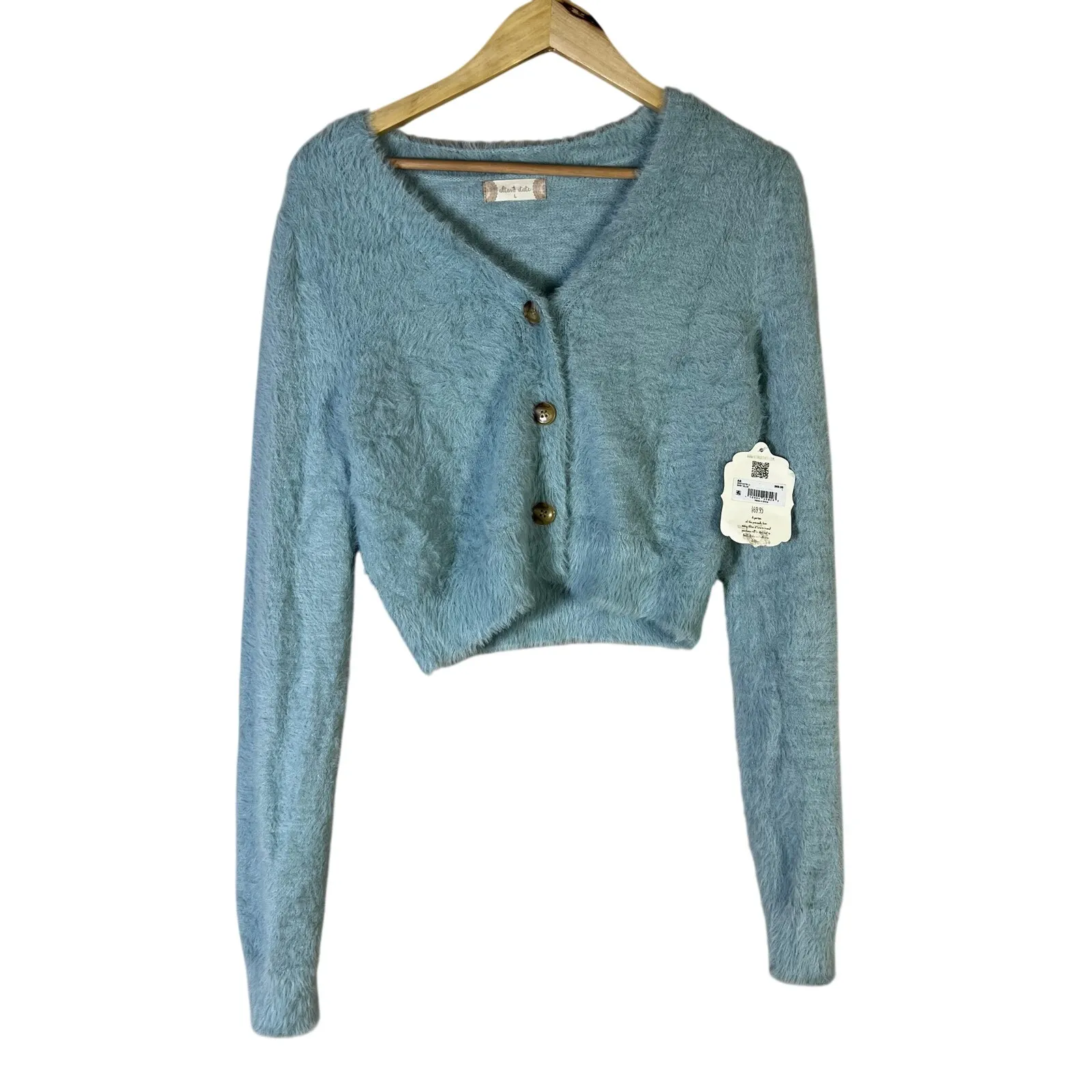 NWT Altar'd State Fuzzy Cropped Cardigan Womens L Blue Y2K Retro Coquette - Image 2