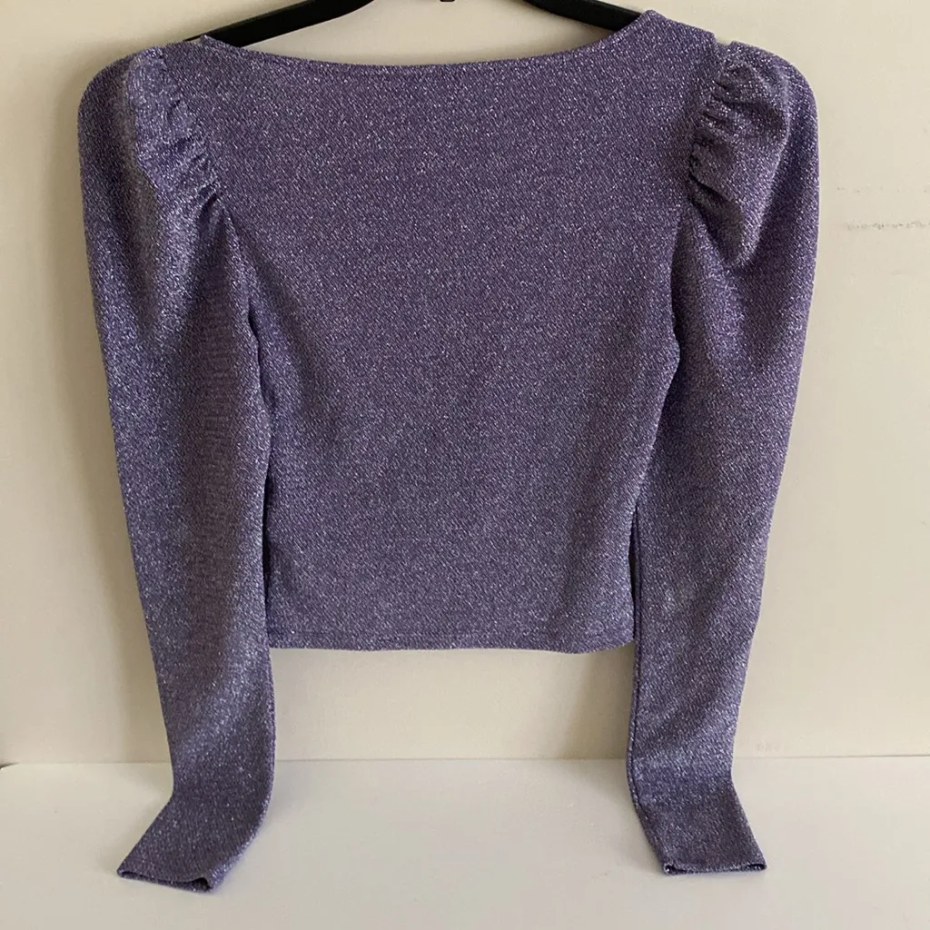 H&M divided Purple Puff Sleeve Fitted Blouse shirt top cropped sparkly small - Image 4