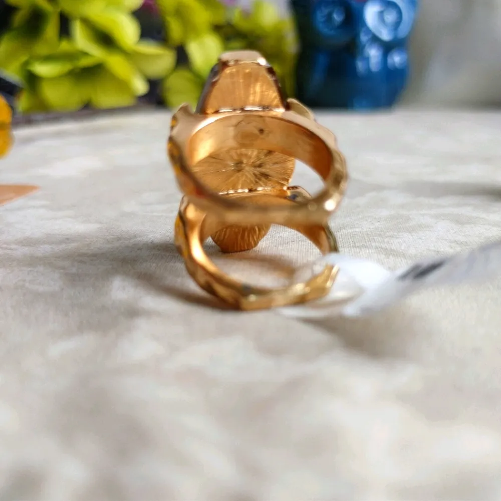 Double Gold Band with Oblong Blue Stone Ring - Image 3