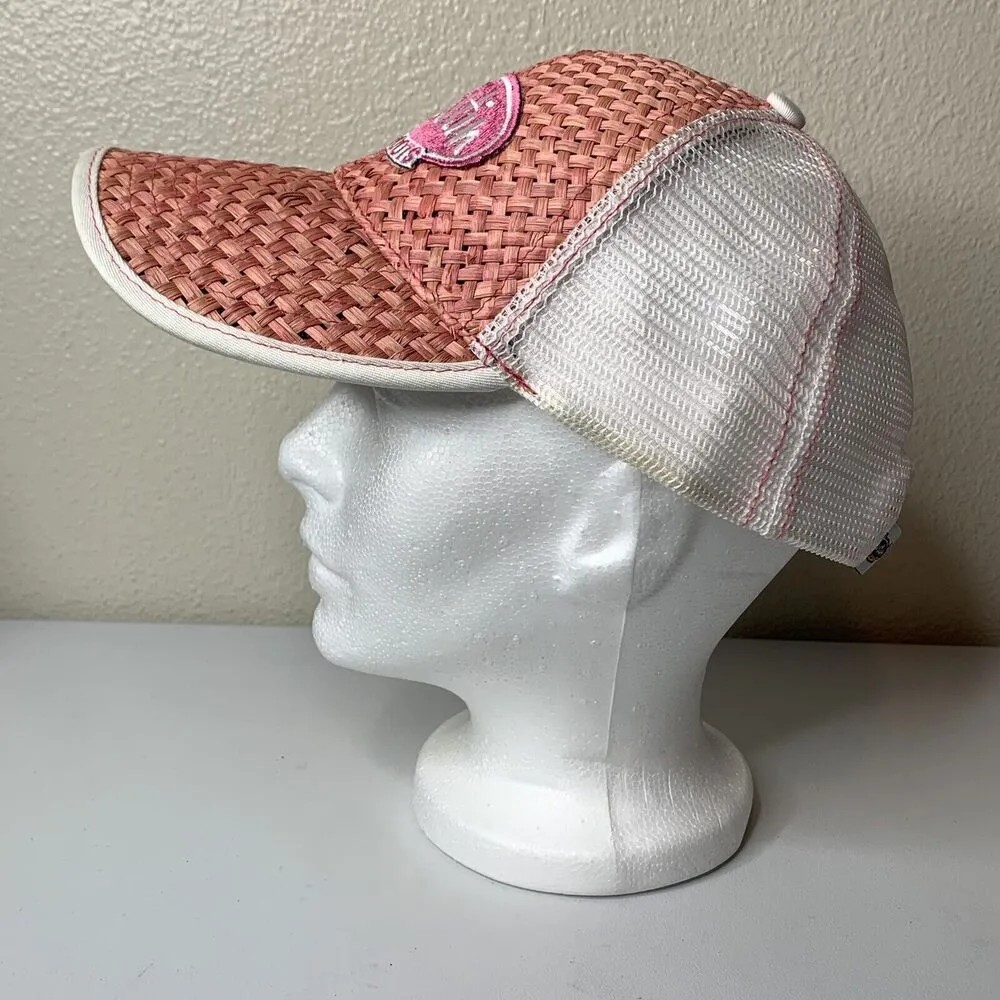 Wicker Woven Straw Hat Pink White Adjustable SnapBack Women’s Cap - Image 3