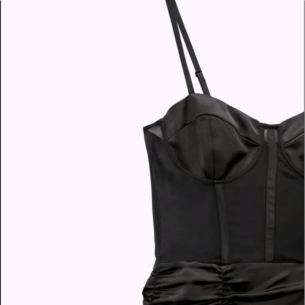 Zara COMBINATION SEMI-SHEER V-NECK MINI GATHERED DETAIL DRESS W/CORSET BLACK NEW - Image 11
