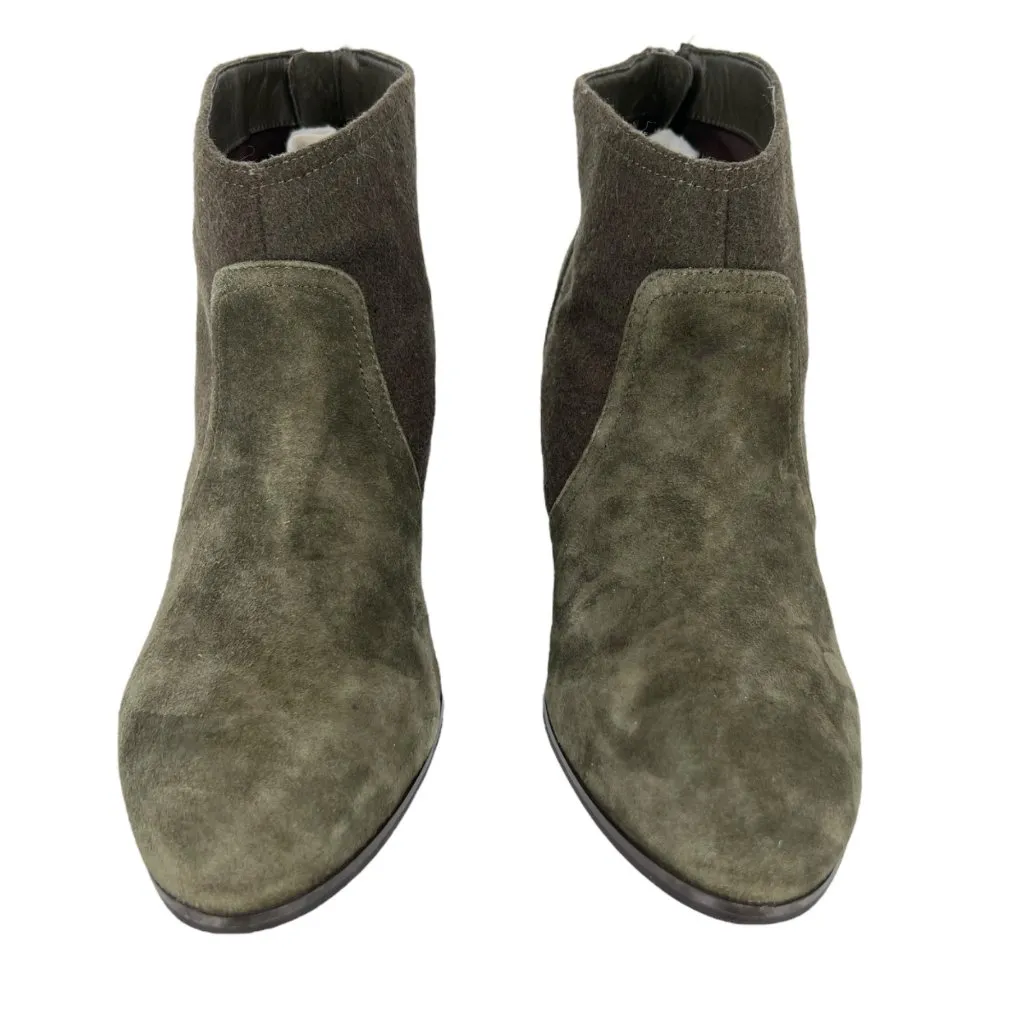 Violet & Red "Jean" Olive Suede Fabric Ankle Stack Heeled Booties Size 9.5 Green - Image 4