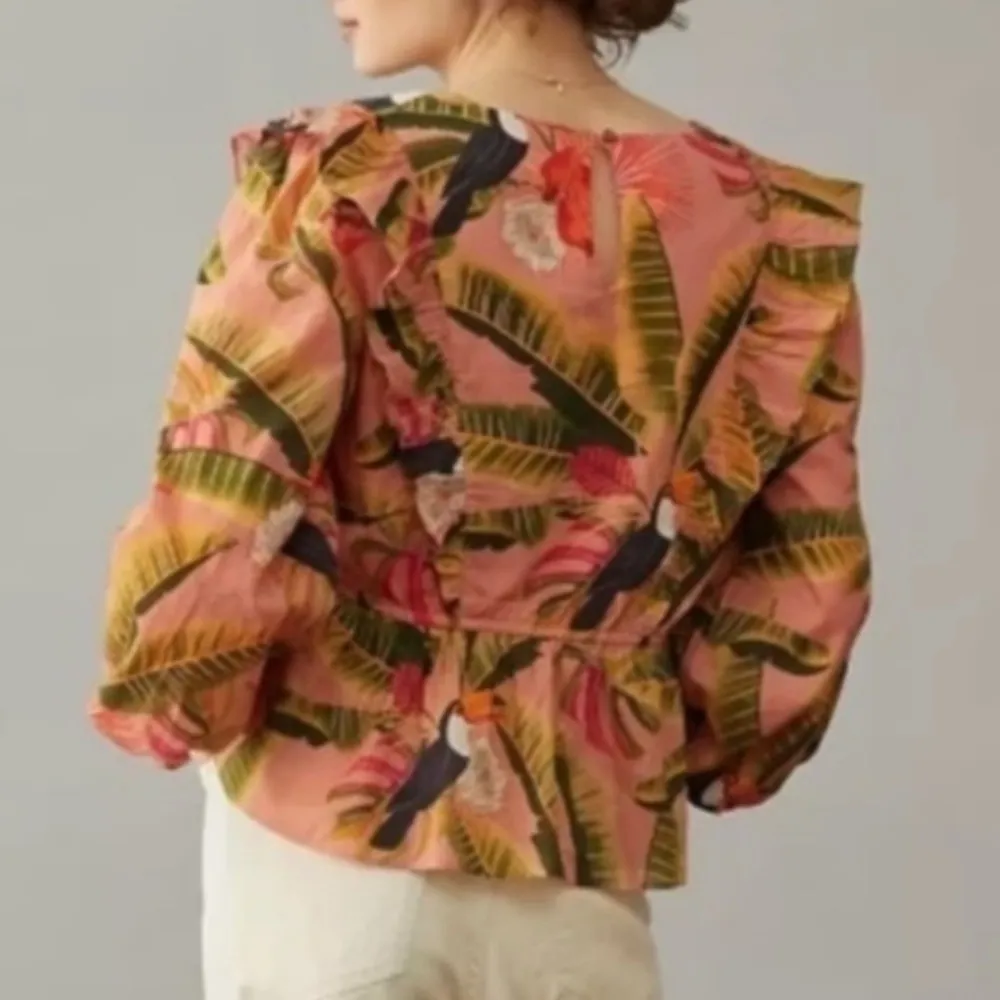 Farm Rio for‎ Anthropologie Yasmine Ruffled Blouse Toucan Floral Tropical Small - Image 3