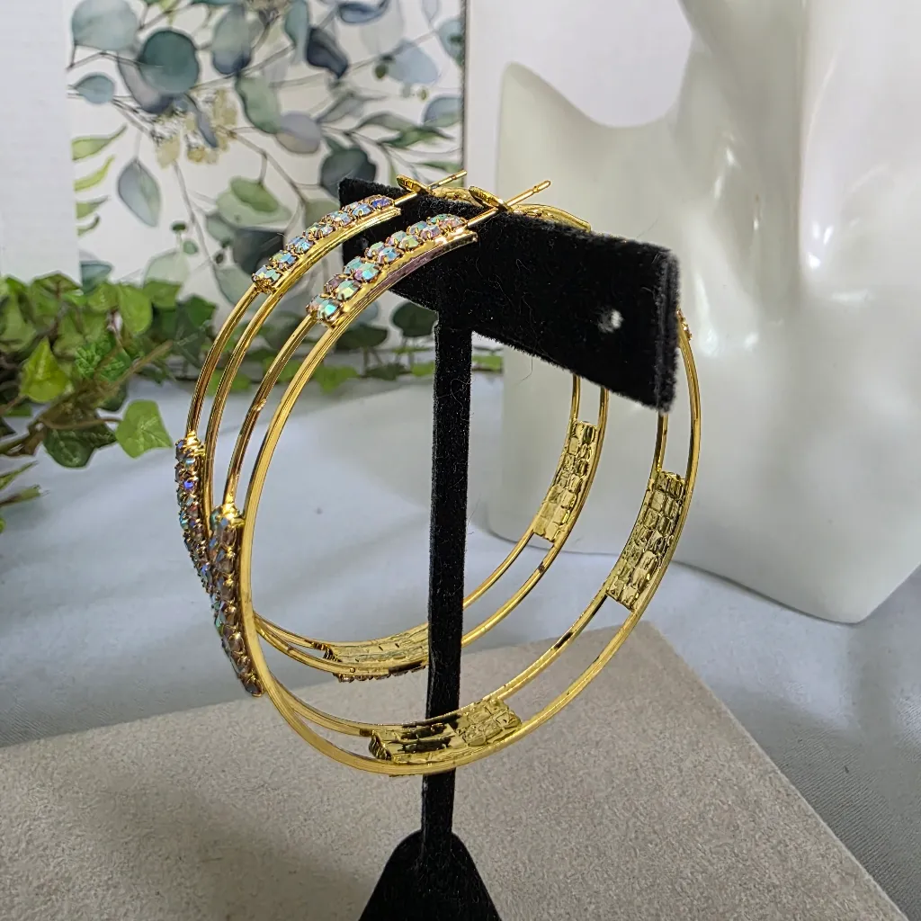 Large Gold Hoop Earrings with AB Rhinestones - Image 5