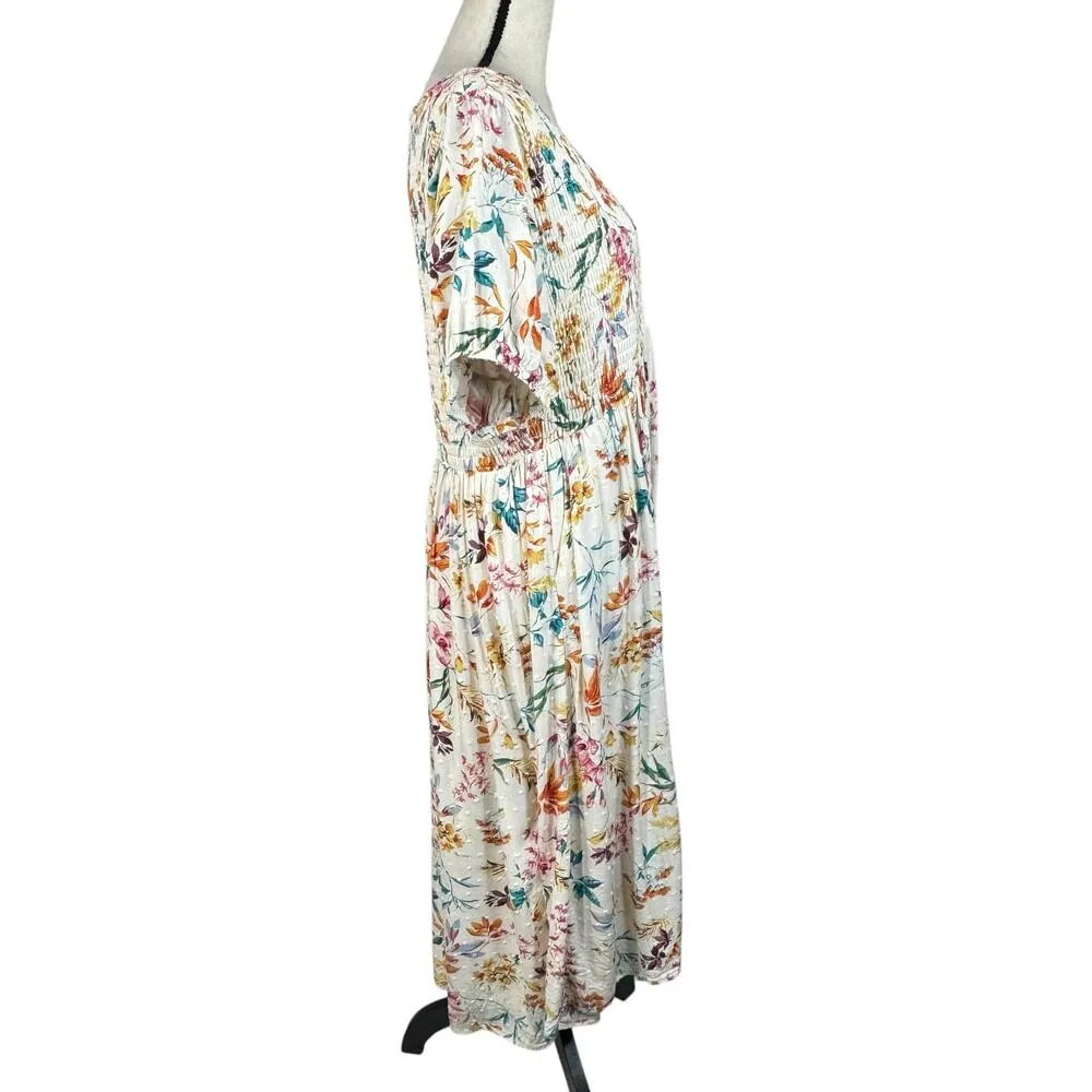 Torrid SZ 2 (2X-Large) Swiss Dot Midi Shirred Carrie Dress Floral V-Neck Lined - Image 4