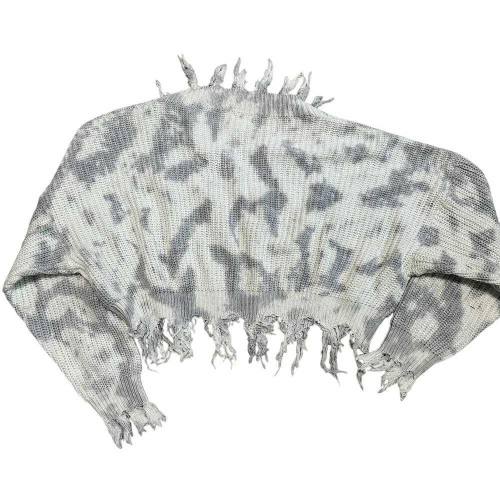 Frayed Cropped Knit Sweater Gray and White Distressed Washedup Apparel Small - Image 4