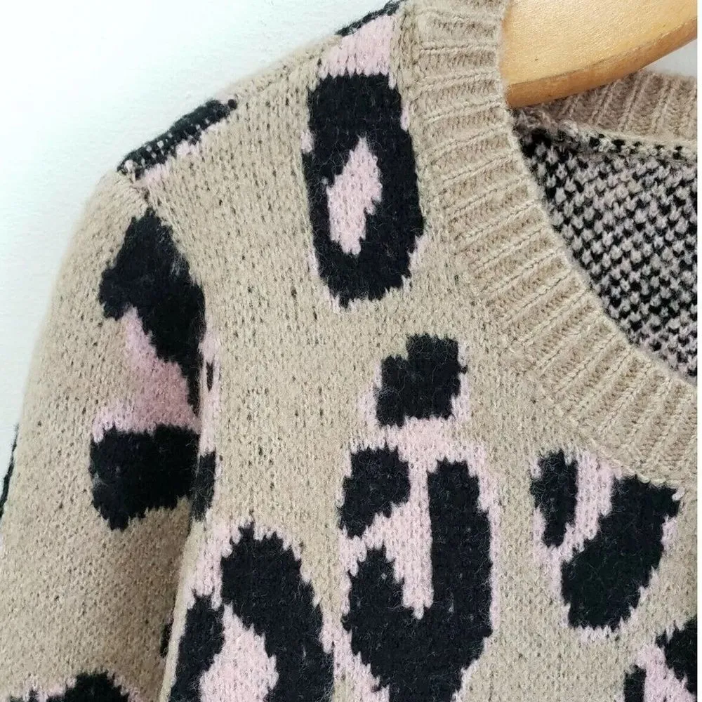 By Design Leopard Print Ivory Rose Knit Crewneck Pullover Sweater Tan Size XL - Image 3