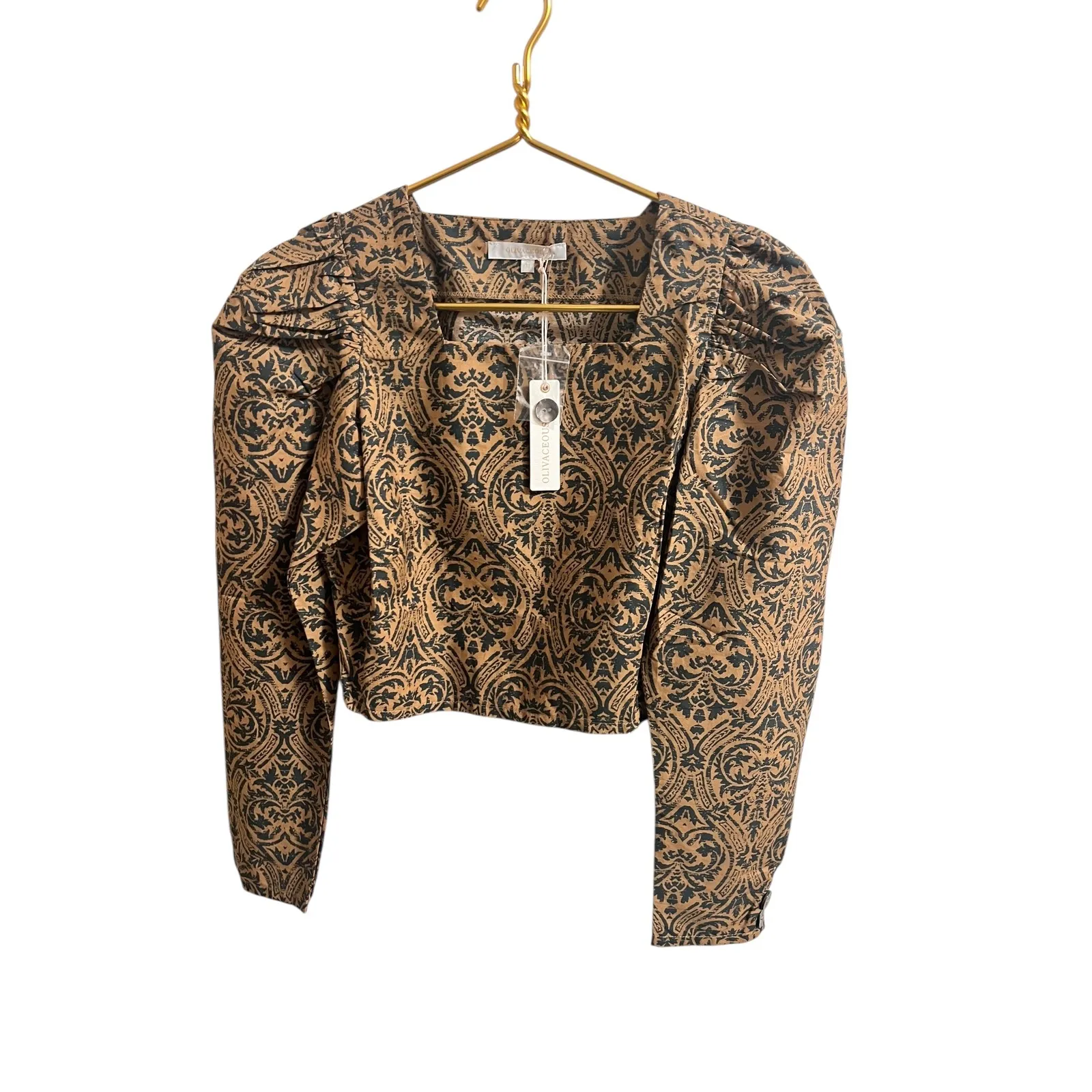 Olivaceous Crop Top Womens M Baroque Print Puff Sleeve Square Neck Blouse - Image 2