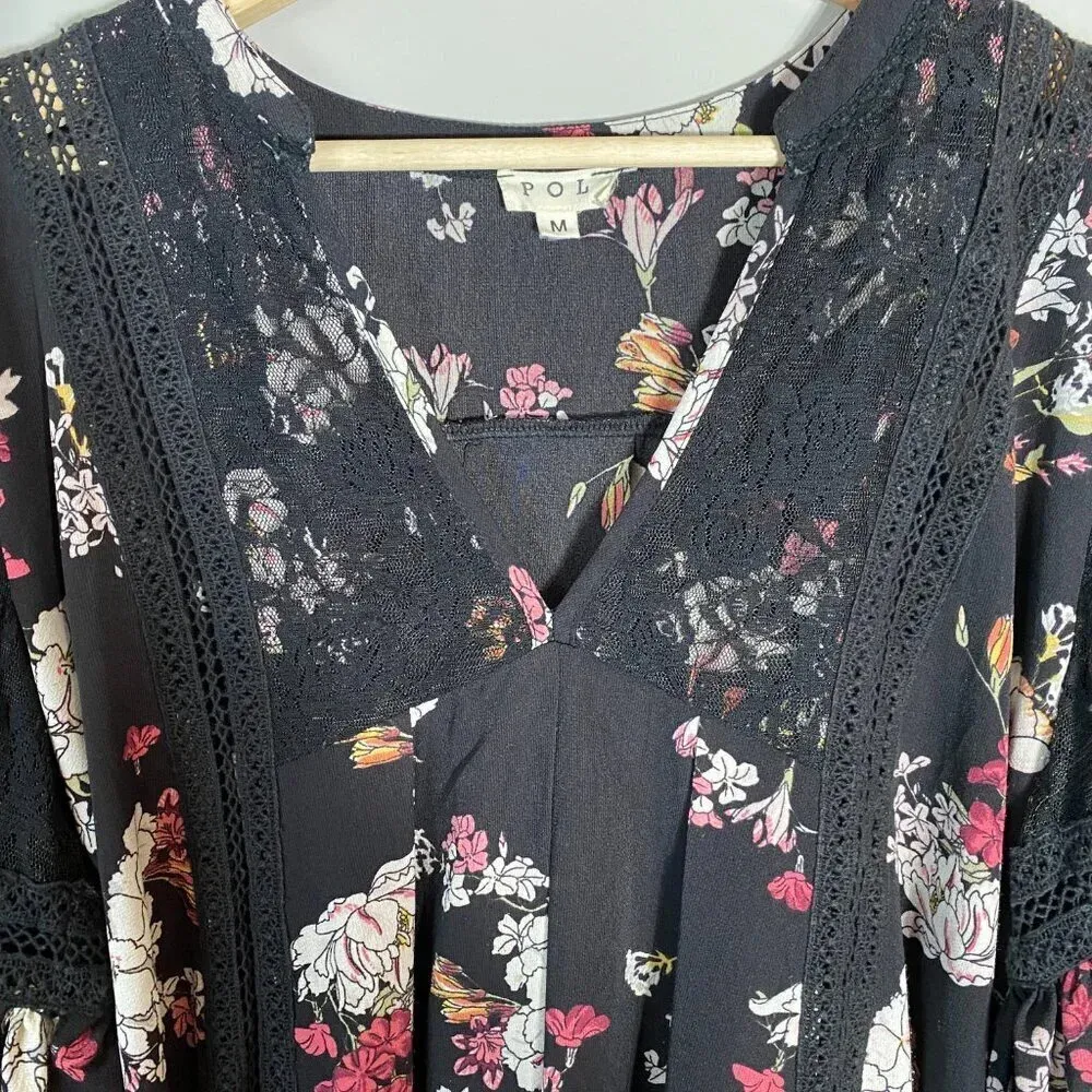 POL Women's Size Medium Floral Lace Details Boho Balloon Sleeve Black Mini Dress - Image 6