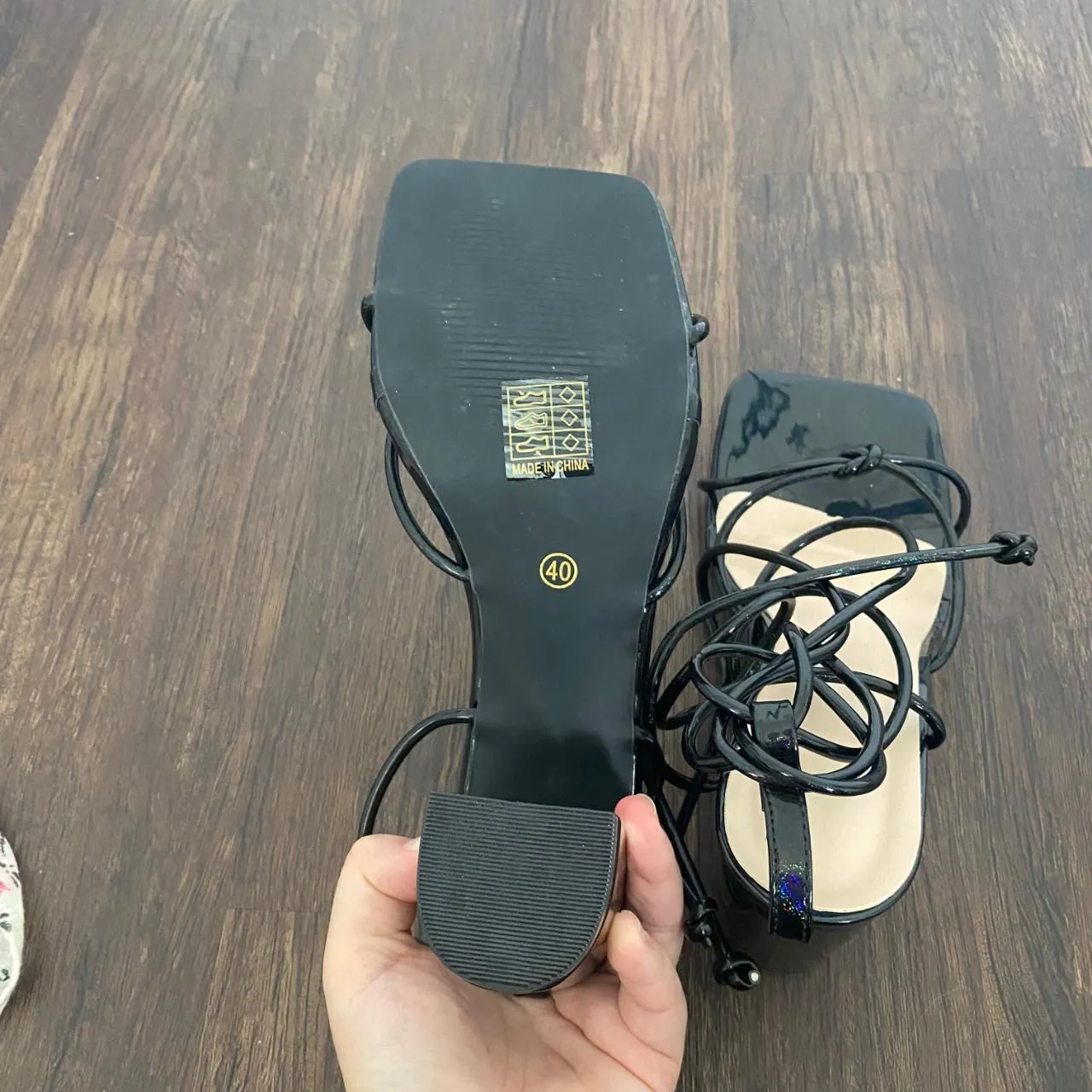 Black Glitter Iridescent Glam Square Open Toe Block Heel Lace Up Sandals US 9.5 - Image 6