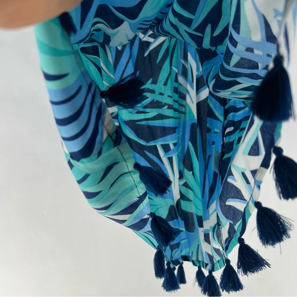 Escapada Living Monica Tassel‎ Dress Blue Tropical Leaf Print Off The Shoulder - Image 8
