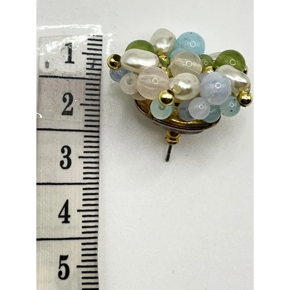 Vintage Beaded Cluster Stud Earrings Blue Green Cream Whimsical Pastel Fairycore White - Image 5