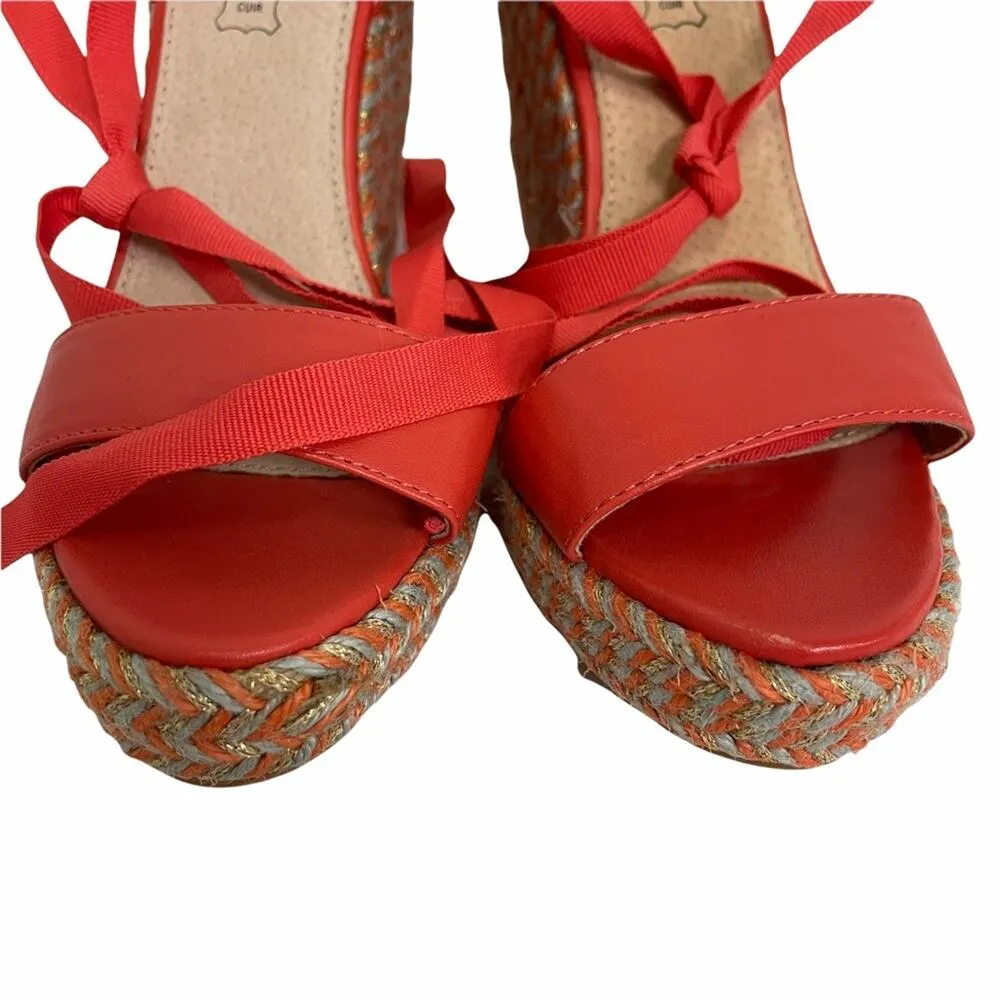 NWOT VANESSA WU Espadrille Wedge Coral Gold Gray Raffia Yarn Size 40/ US 10 - Image 4