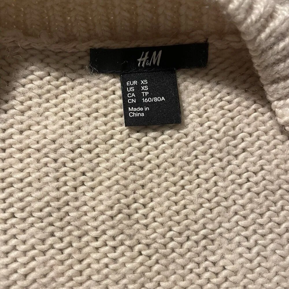 H&M Cardigan Womens Sz XS Ribbon Tie Front Knit Wool Blend Sweater Beige Cream - Image 2