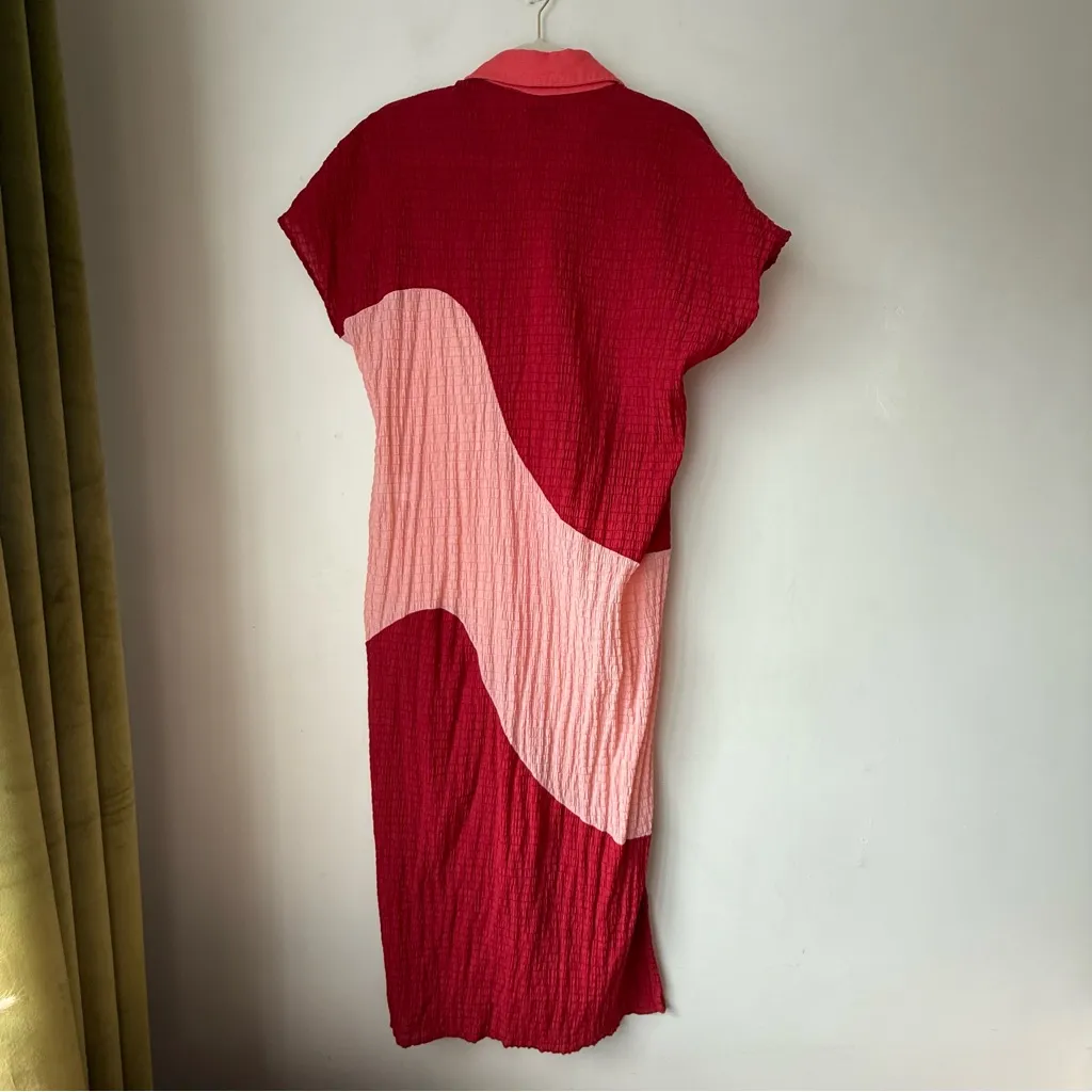 Margo Baridon Lilo Red & Pink Colorblock Midi Shirt Dress S - Image 8