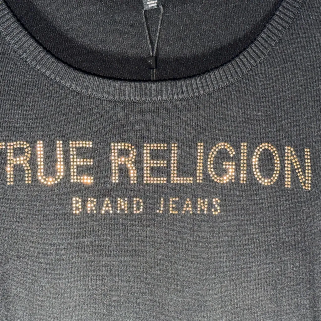 True Religion Black and Gold Knit Rhinestone Pullover Sweater NWT Size Medium - Image 9