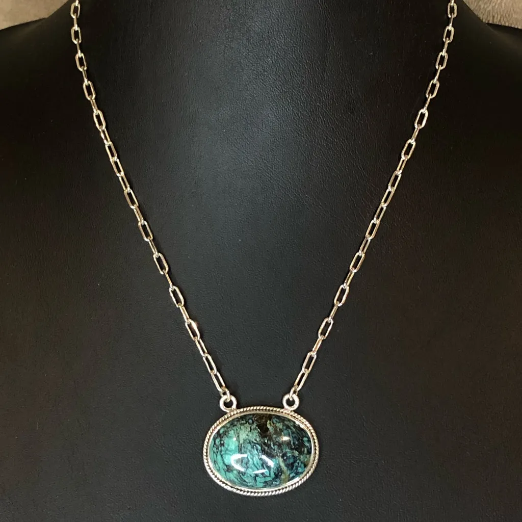 Turquoise Cabochon Gemstone with Rope Encircled Bezel and Sterling Silver Chain - Image 1