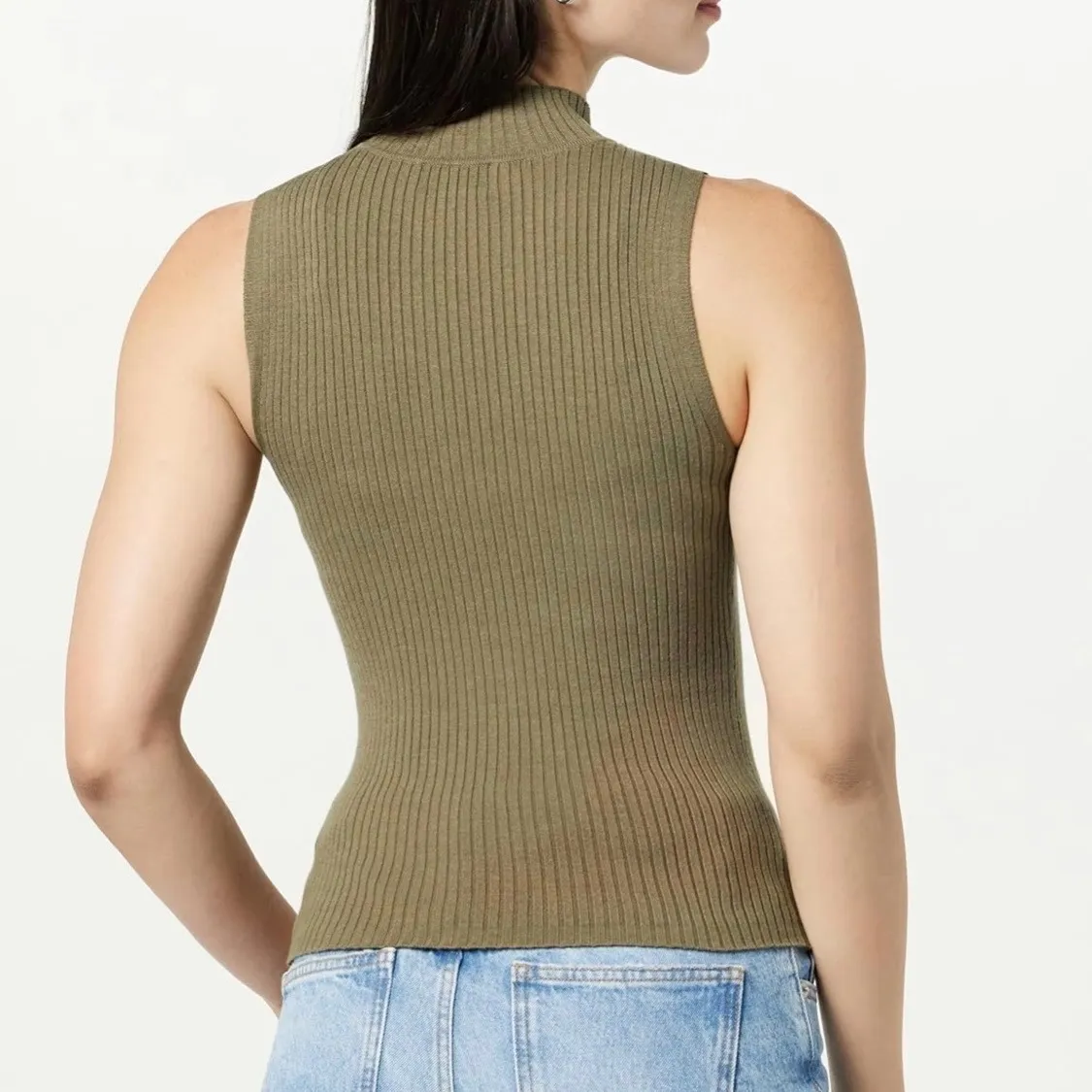 The Drop Karolina Capers Olive Green Ribbed Mock Neck Sleeveless Knit Top Size S - Image 3