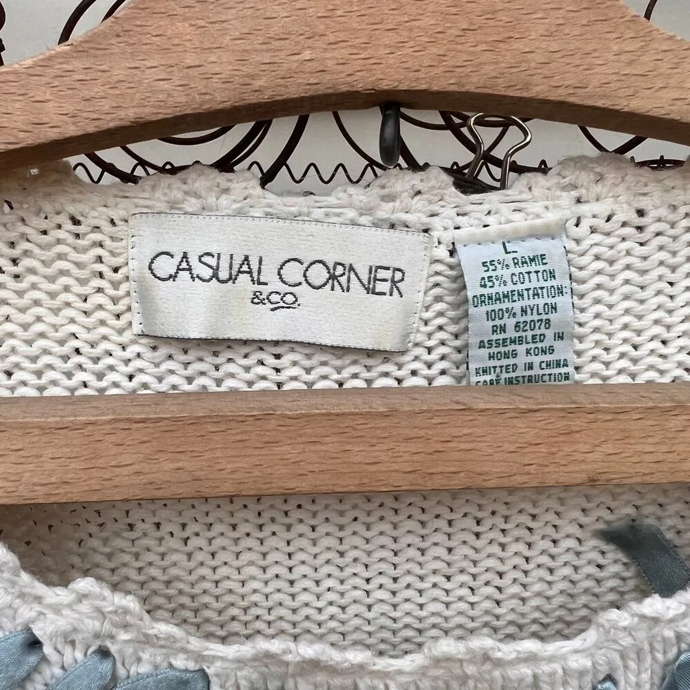 Vintage 90s Casual Corner pastel ribbon embroidered floral sweater LARGE Pink - Image 4