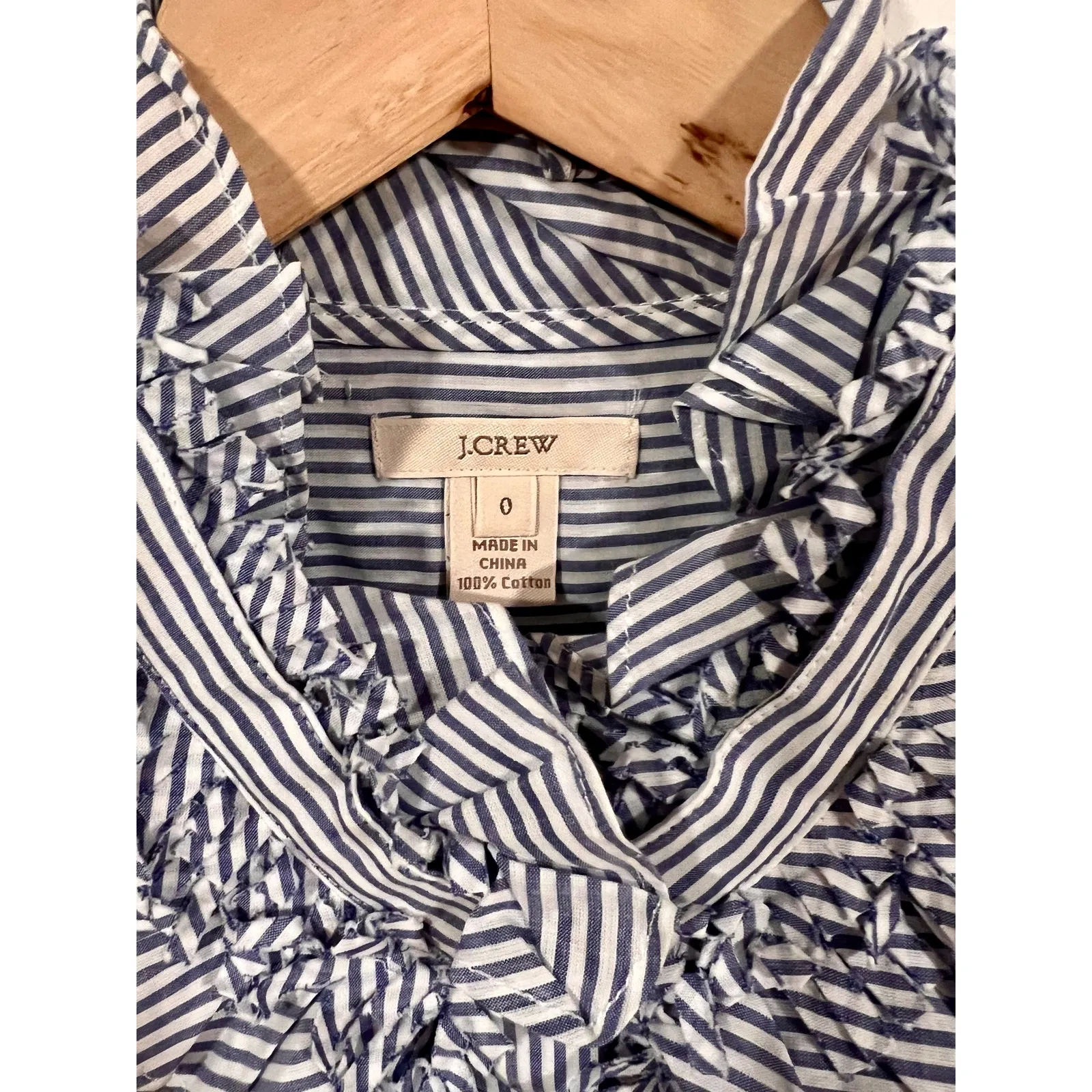 J.Crew Women's ruffle front Striped Shirt Cotton Poplin Business Casual Office 0 Blue - Image 3