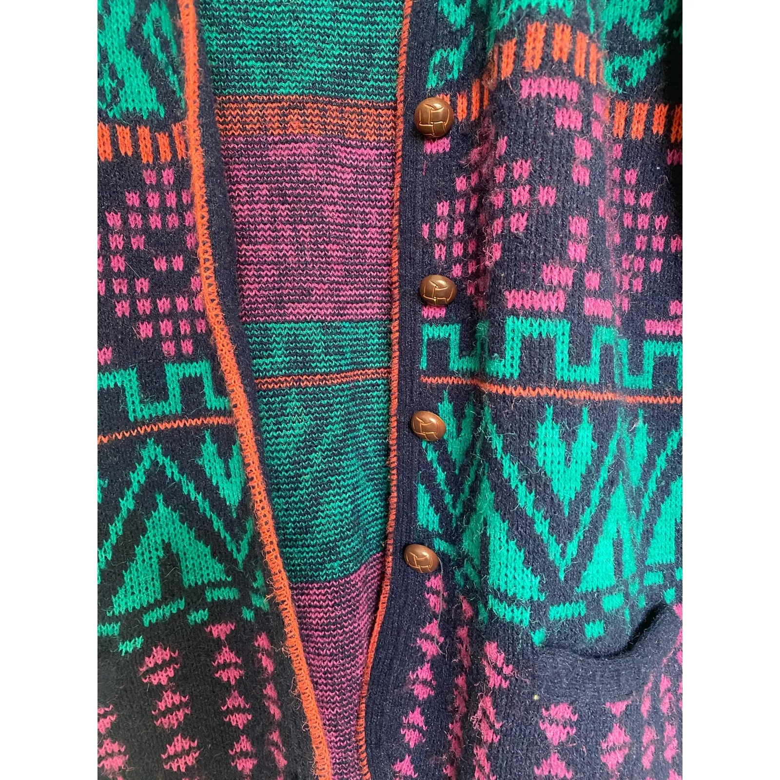 Vintage 80s Chunky Cardigan Sweater Bold Colorful Aztec Patterned Women's M Blue Size M - Image 5