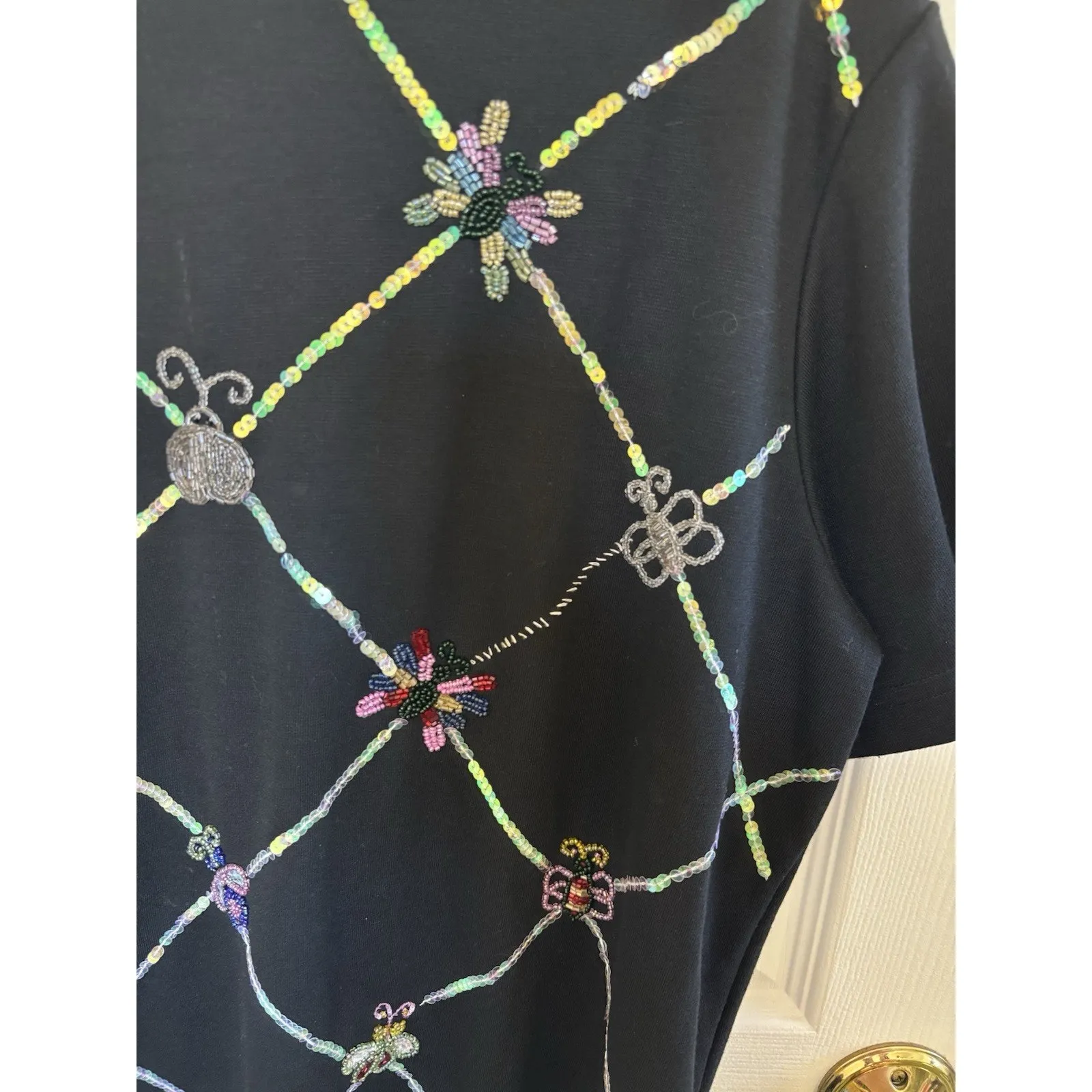 Vtg 90s Quacker Factory Beaded Insect Bugs Black Top Size Large Sequins - Image 7