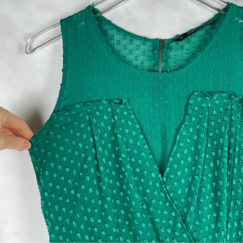 Zara Swiss Dot Blouson High Low Flowy Sleeveless Midi Dress Green Retro Boho M - Image 5