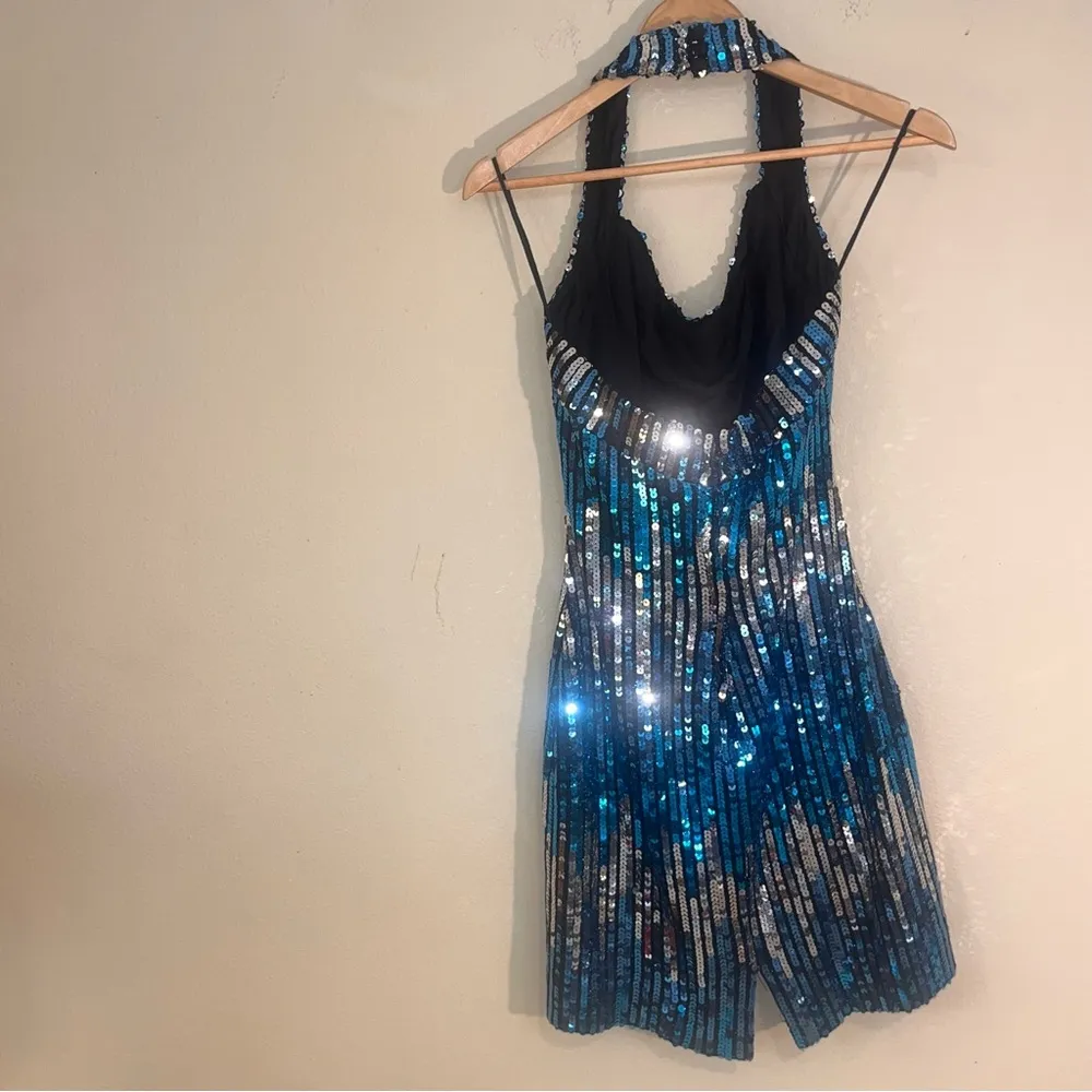 VTG Alyce Designs Blue Silver Halter Party Sequin Mini Dress 12 - Image 6