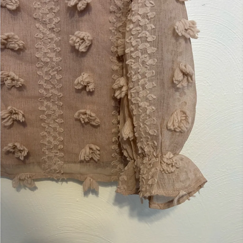 Böhme Textured Pom Detail Sheer Sleeve Blouse – Taupe – XS - Image 7