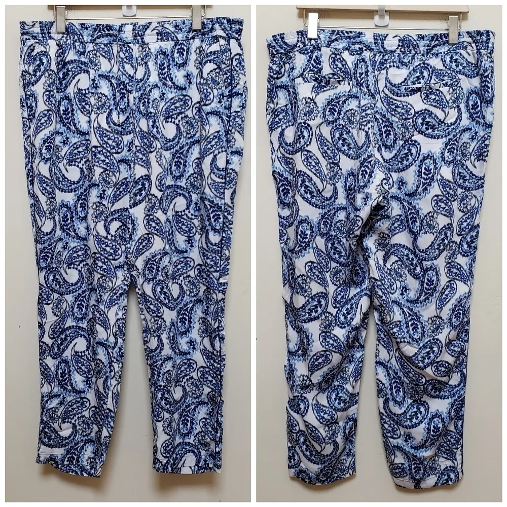Lauren Ralph Lauren Blue White Paisley Elastic Drawstring Waistband Pant Size 14 - Image 4