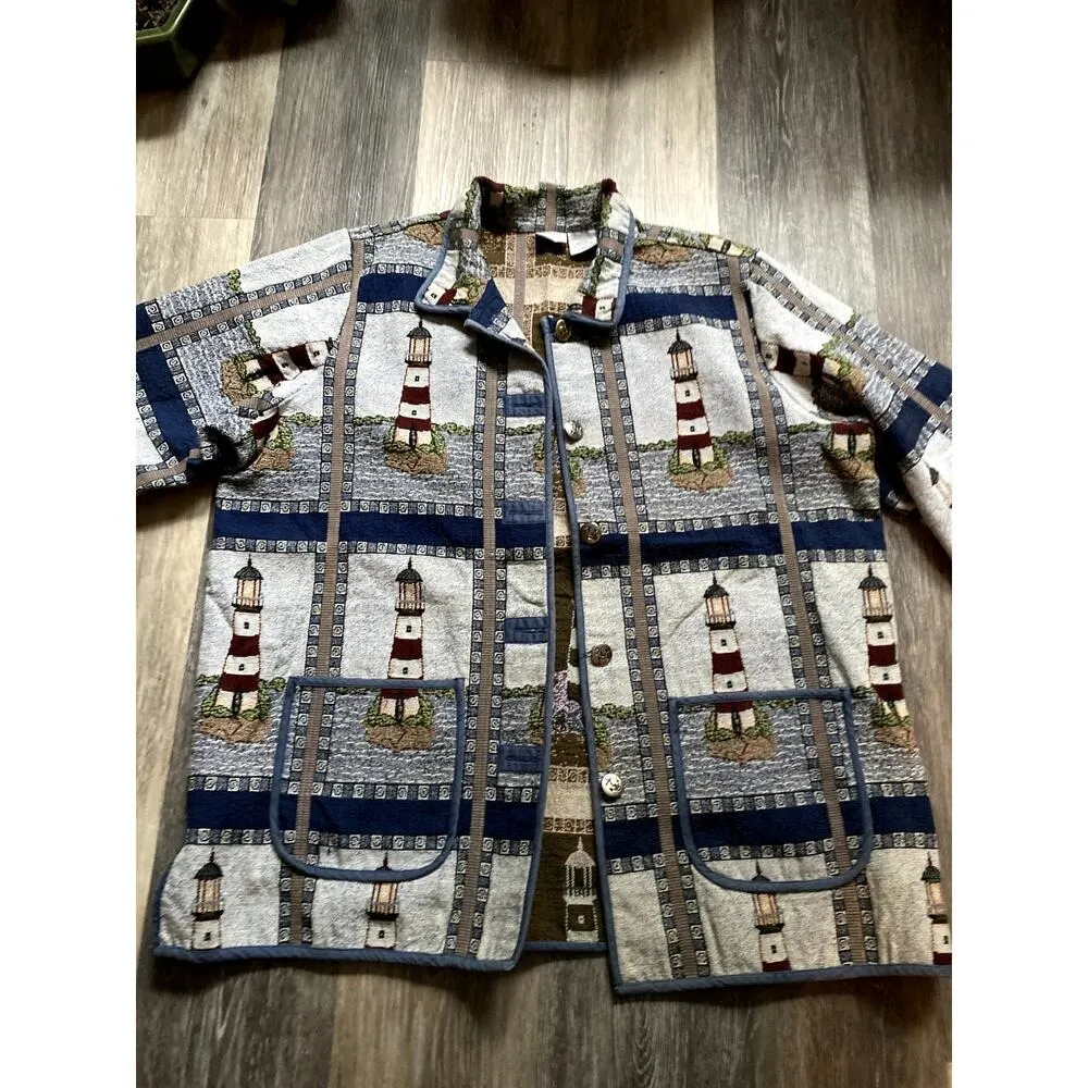 Vintage Lighthouse Textured Knit Coat 2X Heritage Woods Fisherman Whimsy Grandpa - Image 7