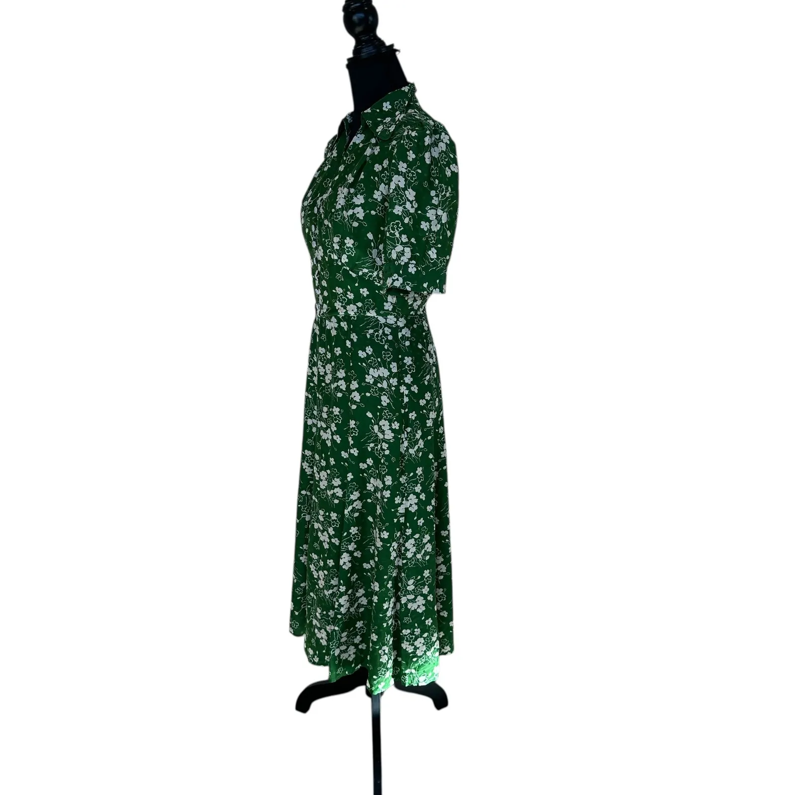 L.K. Bennett Green Floral Midi Shirt Dress SIZE 6 Silk Retro Work Designer $675 - Image 10