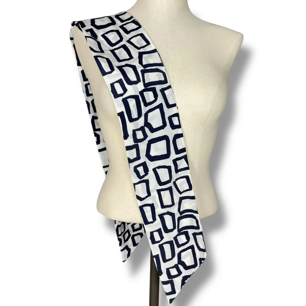 Vintage Long Scarf Abstract Shapes Squarish Narrow Dark Navy Blue White 27" x 5" - Image 2