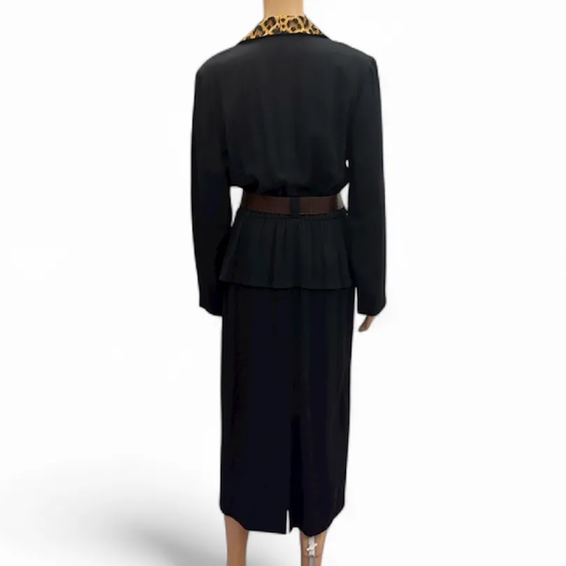 Vintage Studio 1 Black Leopard Collar Long Sleeve Belted Button Front Dress 10 - Image 4