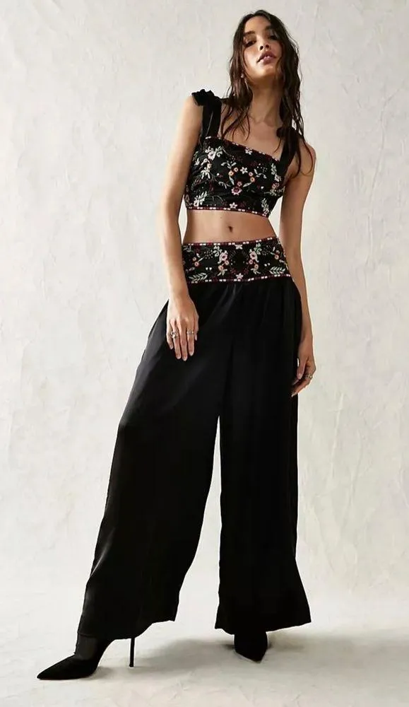 Free People Ensemble Petra Black Satin Pant Crop Top Set Embroidered Siz…0 B21 - Image 2