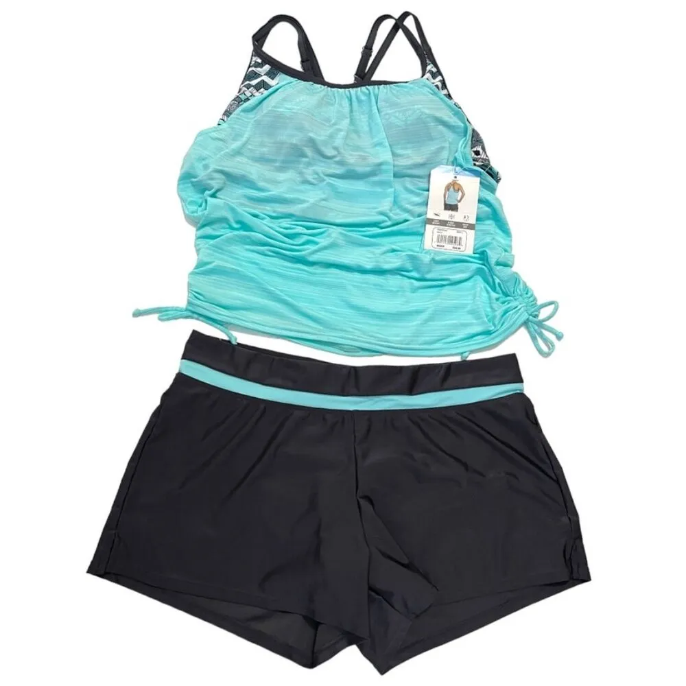 Large Two Piece Swim Set Tank/Short Gray/Teal NWT Gray - Image 4