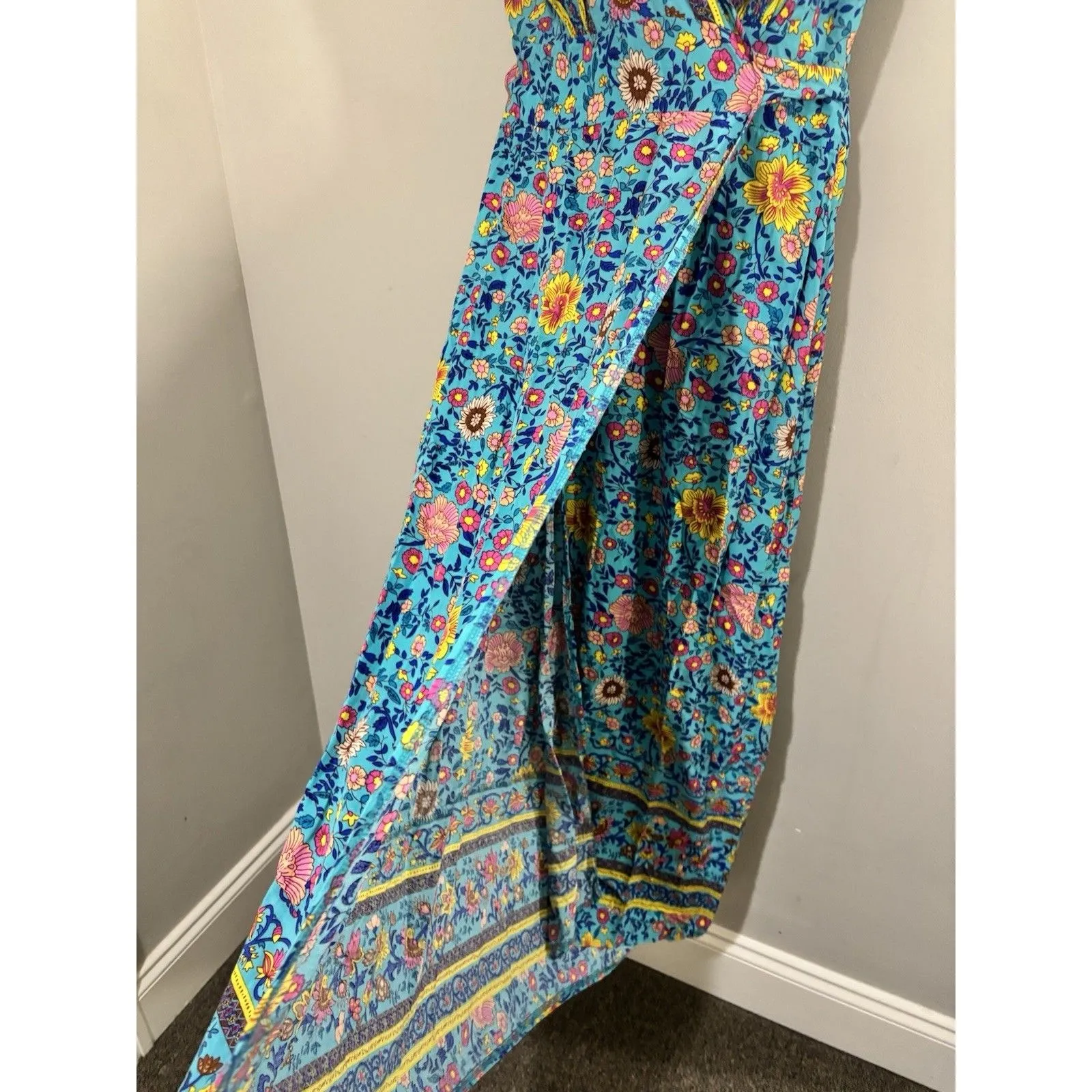 Pretty Garden Wrap Short Sleeve Maxi Dress Colorful Beautiful Boho Prairie sz M Size M - Image 9