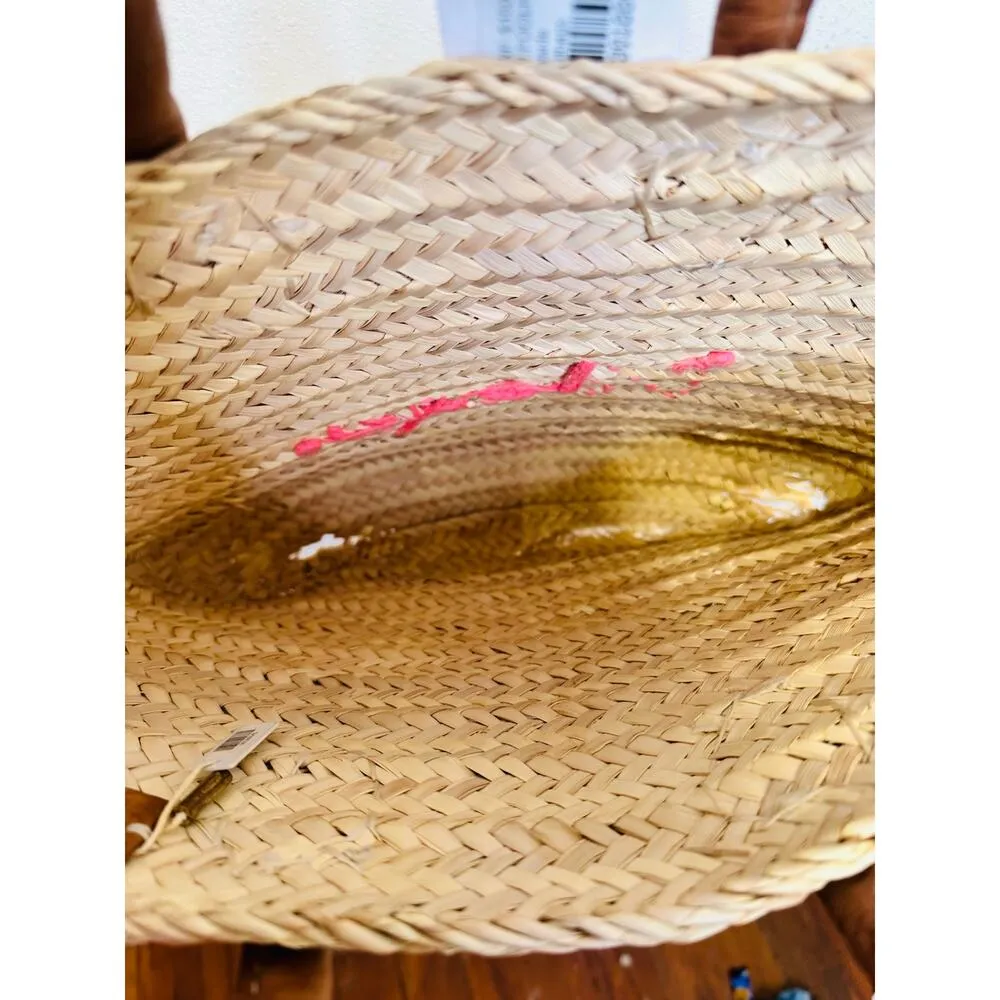 POOLSIDE Woven Straw Open Tote Pink “VACAY” Text Leather Handle Tote Purse - Image 11