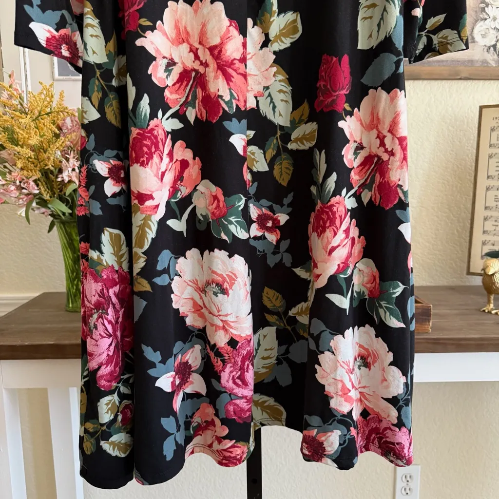 Fall Ready Black Floral Swing Dress Rose 3/4 Sleeve Stretch Knit A Line Medium Pink - Image 7