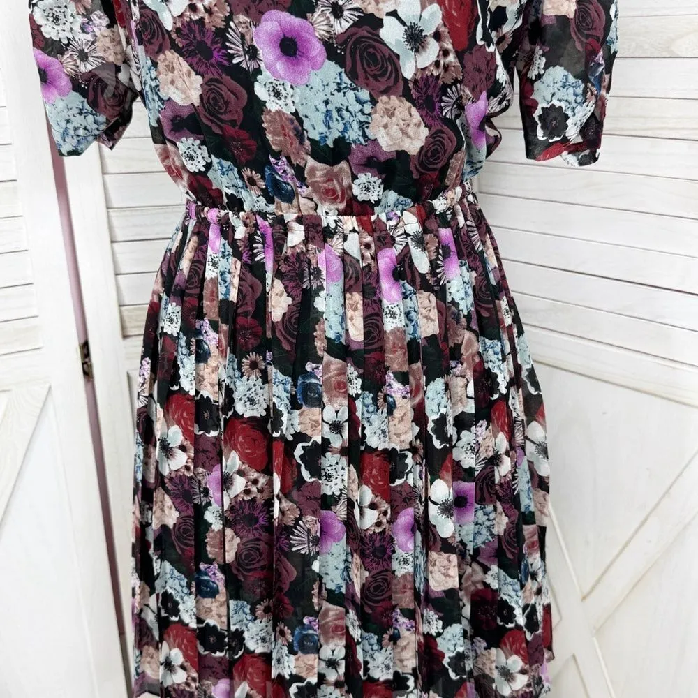 Pins‎ & Needles UO Floral Pleat Skirt Open Back Dress Black Multi Small - Image 7