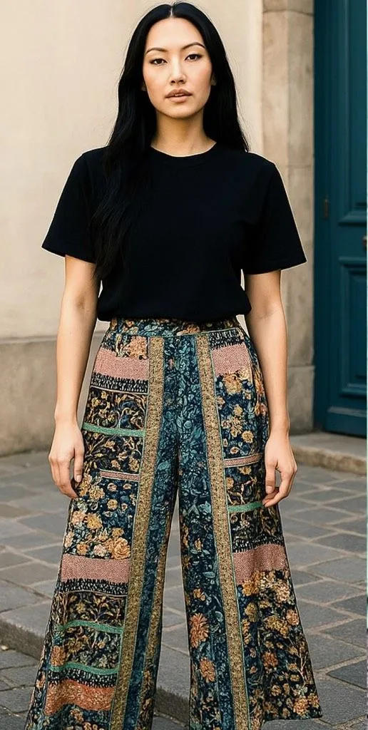 Jaase Boho Wide Leg Pants Size Large Flowy Cottagecore Rayon Hippie Romantic - Image 1