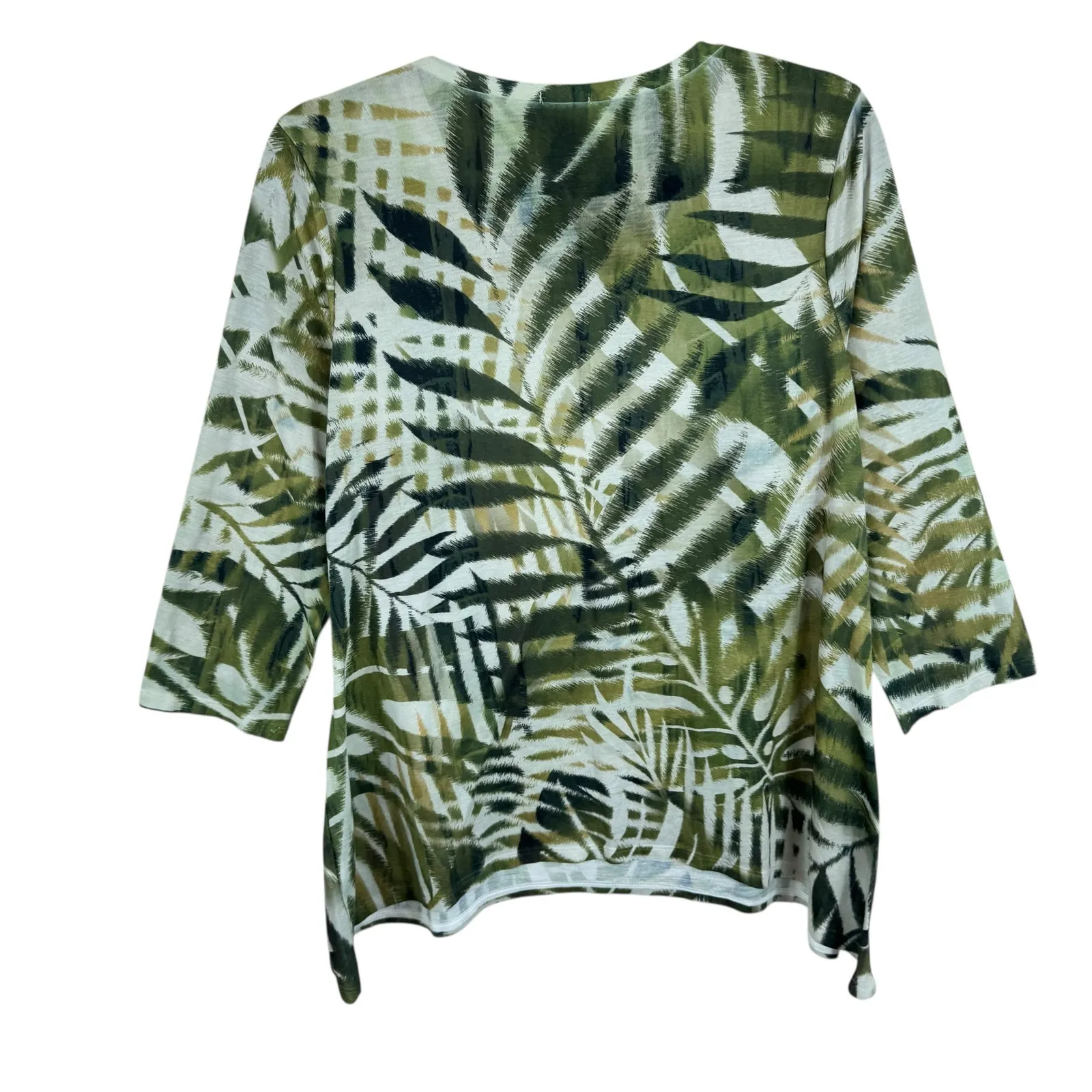 Chico's Leaf Print 3/4 Sleeve Sharkbite Hem Lightweight Stretchy Blouse Size M - Image 2
