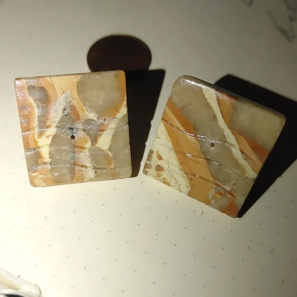 Clip On Earrings Vintage Earthy Gold Tone Backing Stone Jasper Alabaster Mable Orange - Image 2