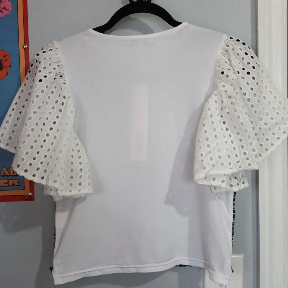 Badgley Mischka Black & White Tweed Boucle Mixed Media Eyelet Sleeve Blouse NWT - Image 12