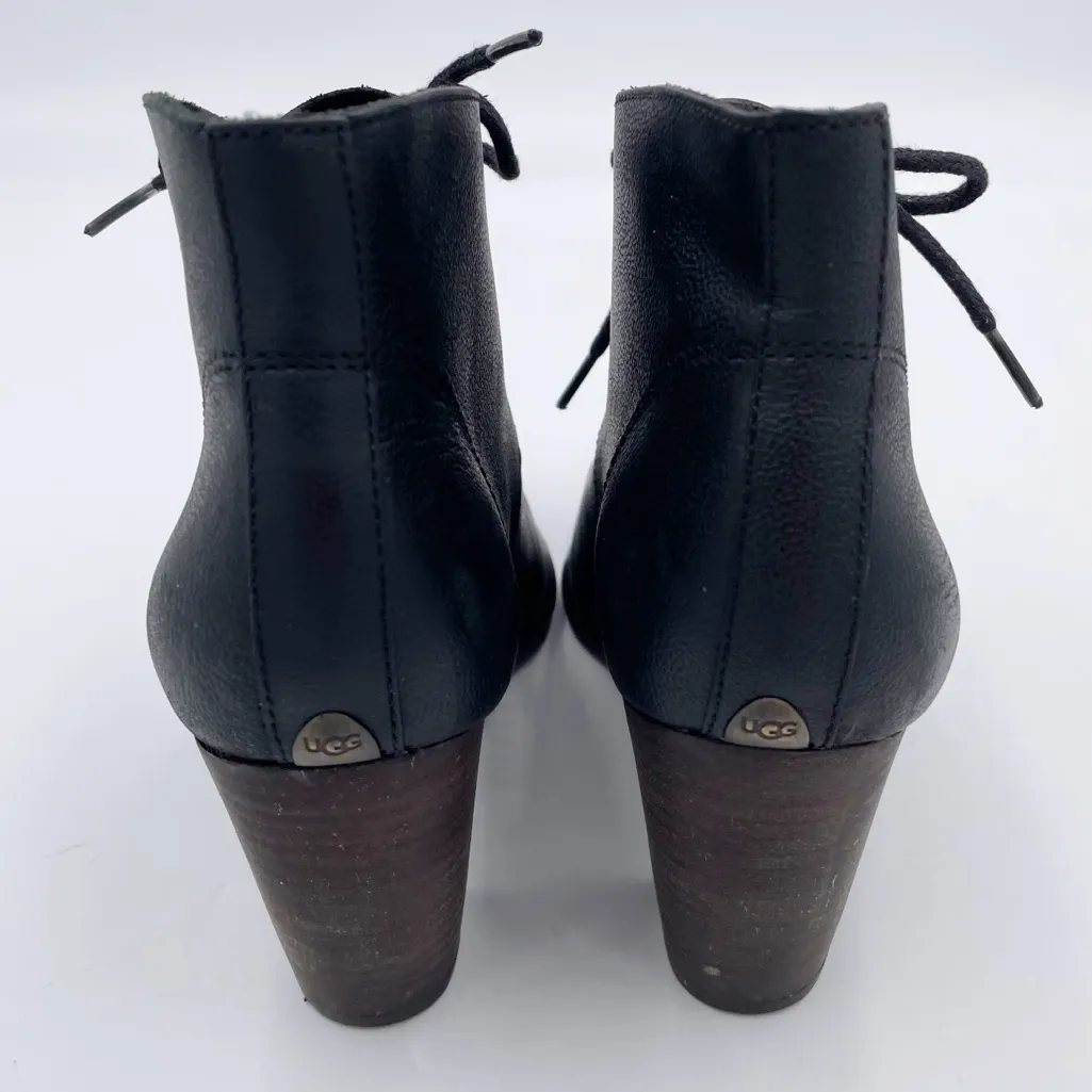 UGG Mackie Lace Up Ankle Boot Size 8.5 Block Heel Vintage Style Black Leather - Image 5