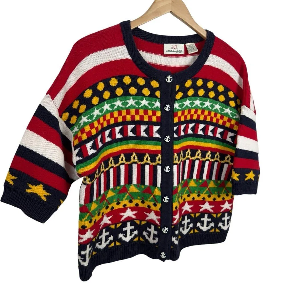 Carroll Reed Women's M Nautical Knit Cardigan Button Up Cotton Colorful 90's Black Size M - Image 8