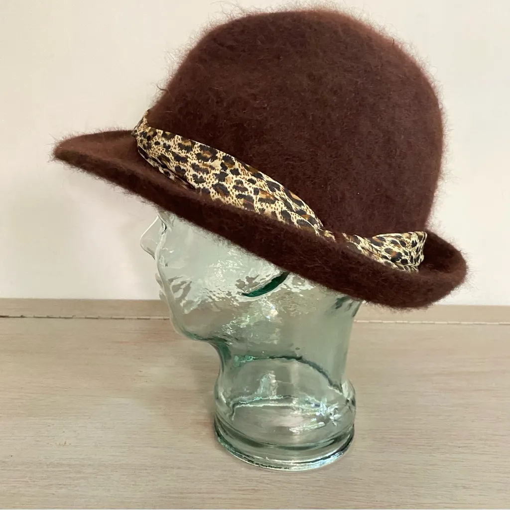Cloche Women’s Hat Rabbit Hair Blend One Size In Chocolate Brown Leopard Band - Image 5