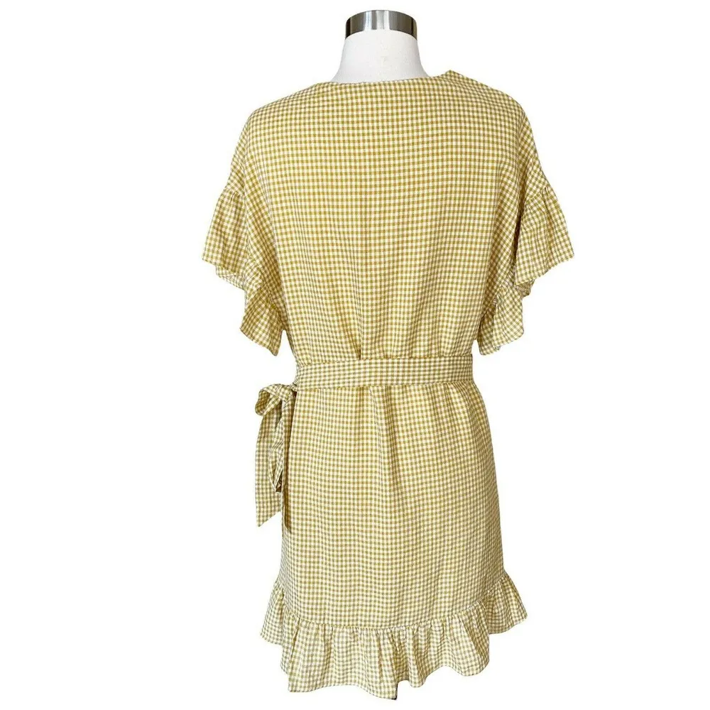 TULAROSA Jenny Mini Dress Marigold Plaid Wrap Ruffles Cotton Yellow Medium EUC - Image 4