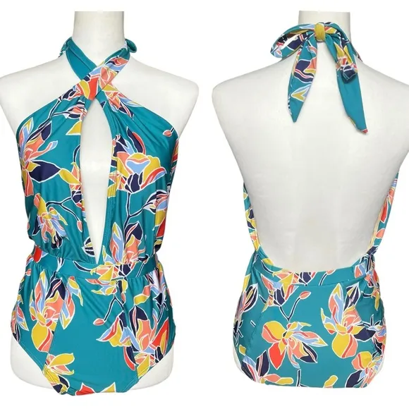 ModCloth Swimsuit Women’s Medium Teal Floral One Piece Bethany Halter Retro - Image 2